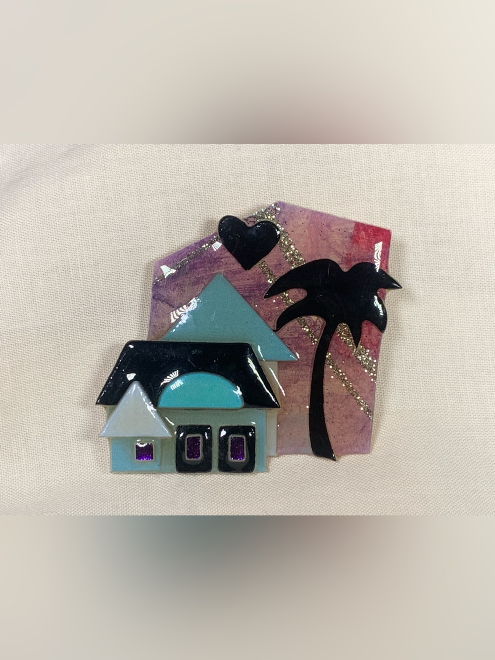 Vintage House Pins by Lucinda Tropical House Palm Tree Sunset Pink Resin